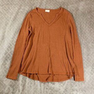 t.la Womens Oversized XS T Shirt Brown Long Sleeve Waffle Knit Thermal V Neck